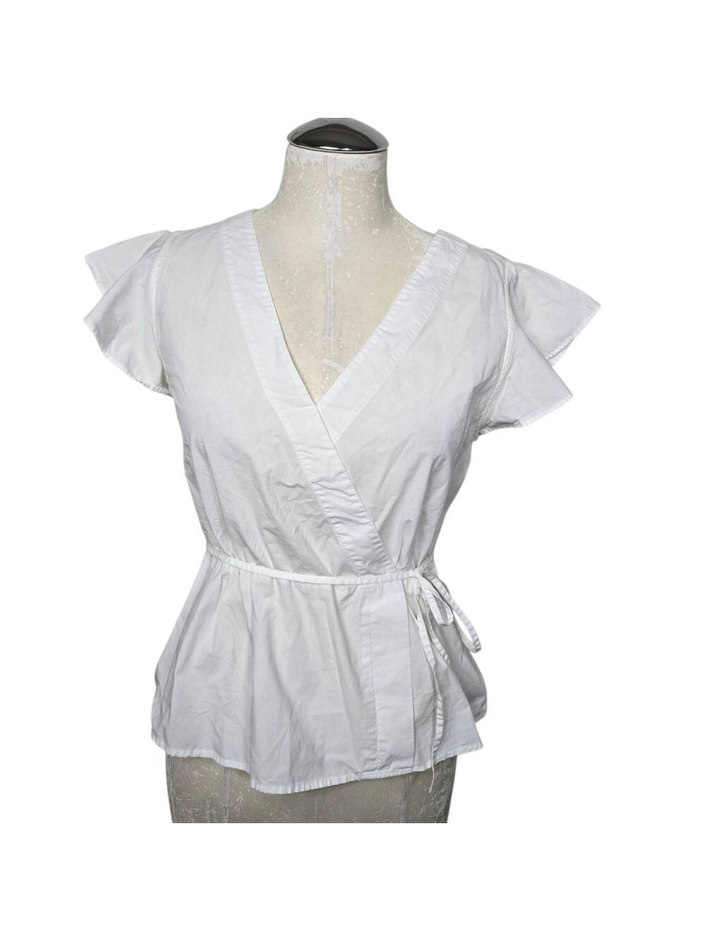 J. Crew White Blouse Flutter Sleeves Waist Tie 4